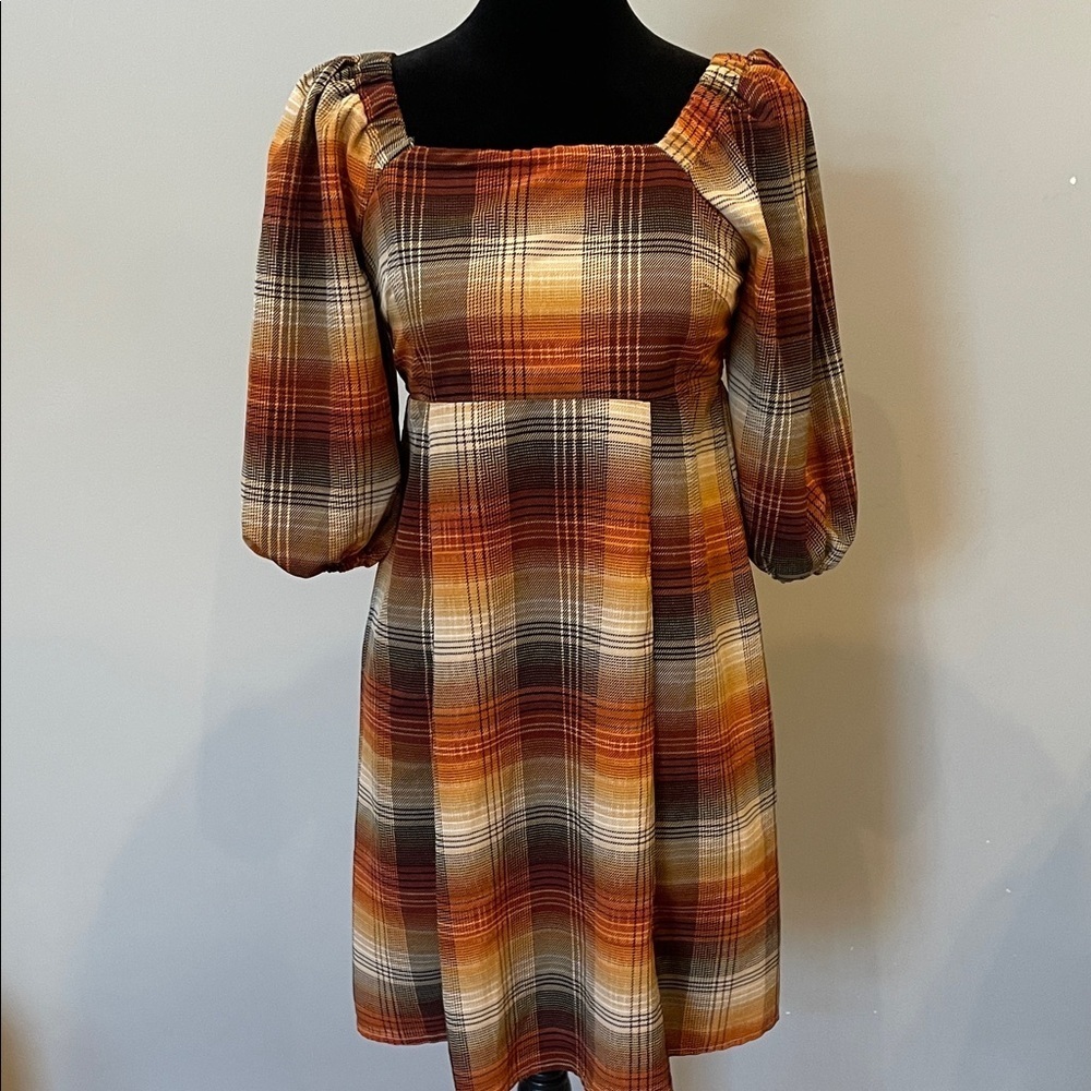 Plaid Puff Sleeve Dress boho vibes